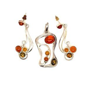 925 Silver Amber Earrings & Pendant Set